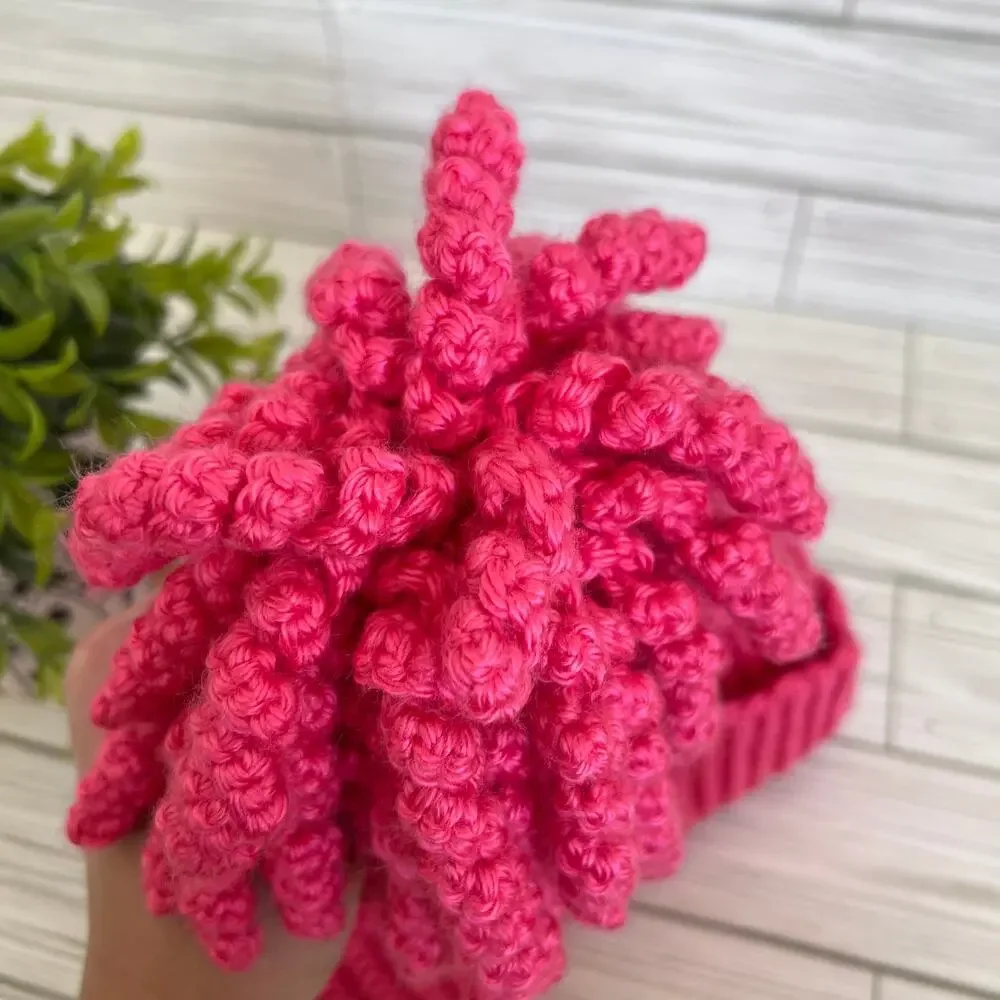 New Handmade Crochet Hot Pink Curly Pom Pom Girl's Knit Winter Hat